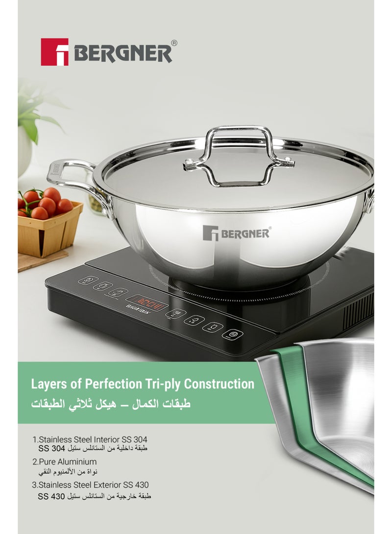 Bergner TriPro 24cm (3.1L) Triply Stainless Steel Deep Stir-fry Pan with Lid, Heavy Base Kadai Wok, Even Heating, Less Oil Healthy Cooking Cookware, Induction & Gas Stove Compatible - Image 3